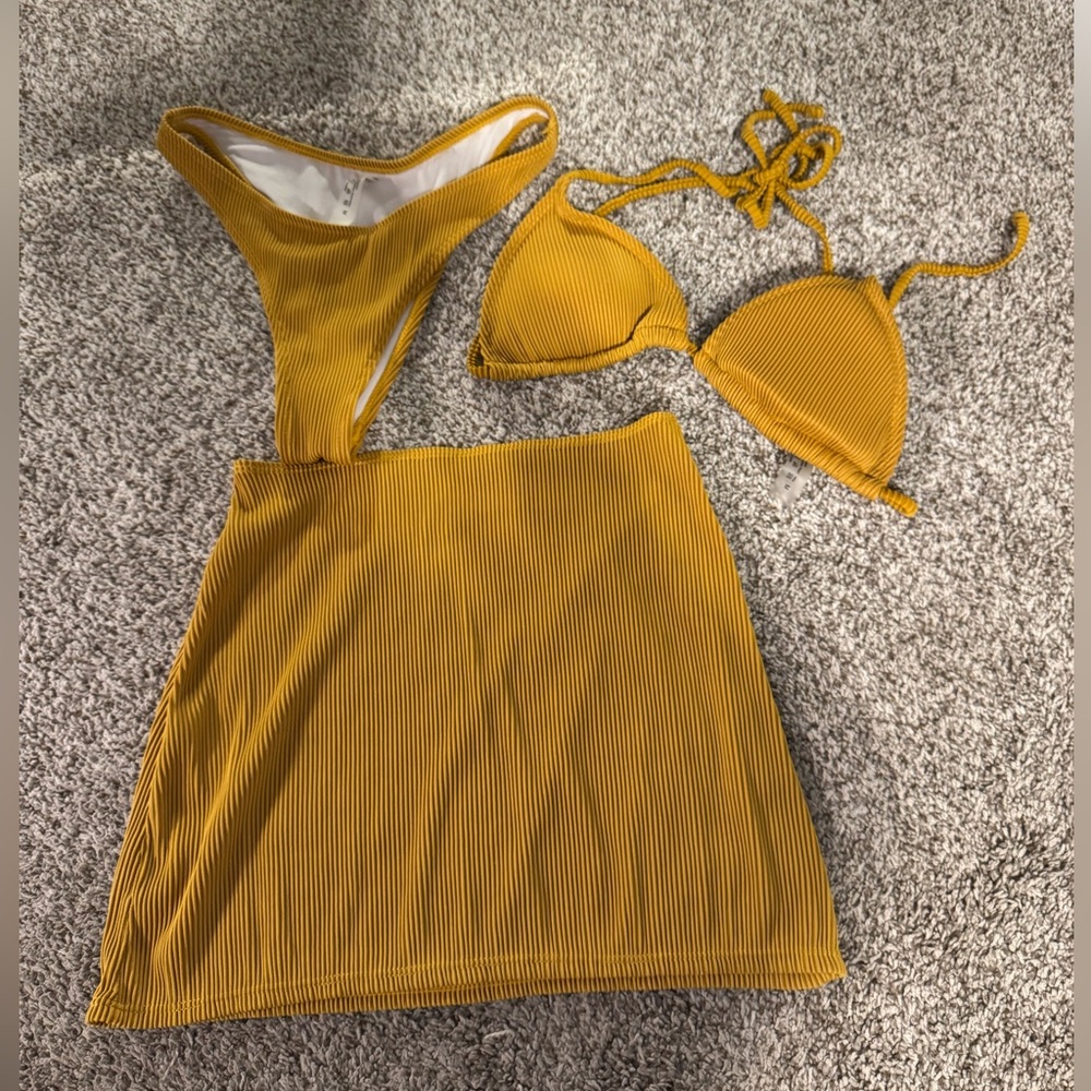 Mustard Ribbed Bikini Set with Skirt